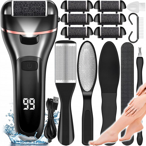 Set Pila electrica pentru talpi si calcaie NewEvo®, Display digital, Acumulator 1200 mAh, 2 viteze, 2400 rot/min, 6 Capete incluse, LED lanterna, Accesorii incluse, Indepartare piele moarta, Indeparta [1]