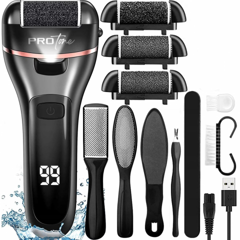 Ingrijire personala & Cosmetice - Set Pila electrica pentru talpi si calcaie, Display digital, Acumulator 1200 mAh, 2 viteze, 2000 rot/min, 3 Capete incluse, LED lanterna, Accesorii incluse, Indepartare piele moarta, Indepartare calus, Negru