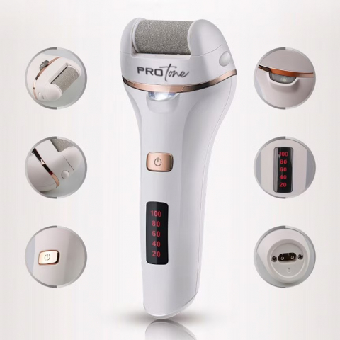 Set Pila electrica pentru talpi si calcaie, PROtone, Display digital, Acumulator 1200 mAh, Incarcare USB, Impermeabil, 2 viteze, 2400 rot/min, 3 Capete incluse, LED lanterna, Indepartare piele moarta, [2]