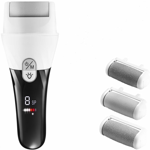 Set Pila electrica pentru talpi si calcaie, PROtone, Display digital, Acumulator 2000 mAh, 2 viteze, 2400 rot/min, 3 Capete incluse, LED lanterna, Indepartare piele moarta, Indepartare calus, Negru Al [0]