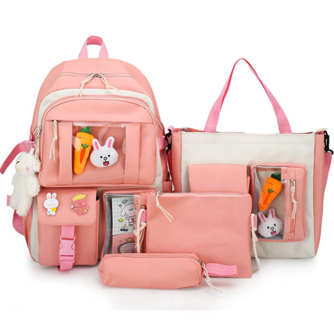 Ghiozdane si genti - Set scoala DexXer ghiozdan, penar, sacosa cu manere, geanta cosmetice, Roz, 41x 28 x 14 cm