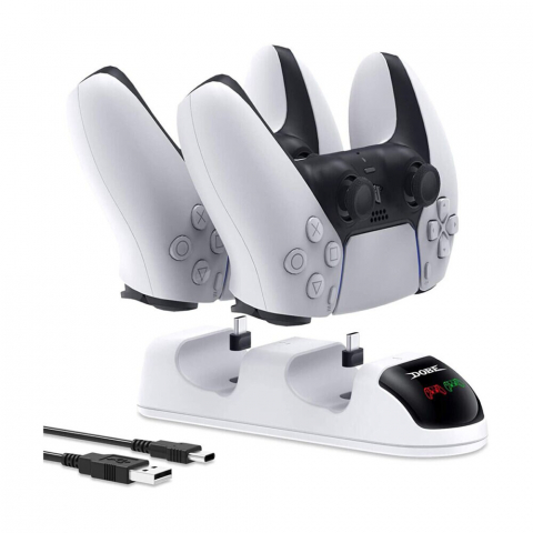 Statie de incarcare controller PS5 Dobe, stand dublu, incarcare rapida, indicator incarcare, Alb [1]