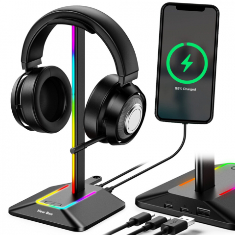 Casti Wireless - Suport Casti Gaming, Iluminare RGB, Antiderapant, USB, Moduri de Lumina Multiple, Negru