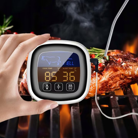 Termometru Digital de Bucatarie NewEvo®, pentru Carne, Lichide, Display Touch Screen, Functie Citire Rapida, Temporizator, Alarma, 8 Tipuri de Carne, 5 Trepte Gatire, Suport Magnetic, Sonda Digitala, Cablu 122 cm, Gratar, Cuptor, BBQ, Argintiu [8]