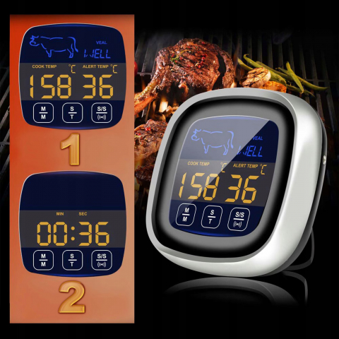Termometru Digital de Bucatarie NewEvo®, pentru Carne, Lichide, Display Touch Screen, Functie Citire Rapida, Temporizator, Alarma, 8 Tipuri de Carne, 5 Trepte Gatire, Suport Magnetic, Sonda Digitala, Cablu 122 cm, Gratar, Cuptor, BBQ, Argintiu [2]