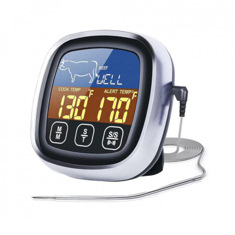 Casa, Gradina & Bricolaj - Termometru Digital de Bucatarie NewEvo®, pentru Carne, Lichide, Display Touch Screen, Functie Citire Rapida, Temporizator, Alarma, 8 Tipuri de Carne, 5 Trepte Gatire, Suport Magnetic, Sonda Digitala, Cablu 122 cm, Gratar, Cuptor, BBQ, Argintiu