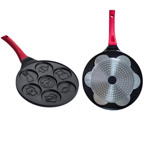 Tigaie pentru clatite cu 7 Forme Animale, din aluminiu si otel inoxidabil, atat pentru aragazul normal cat si pentru cel vitroceramic si electric, Dimensiune tigaie 26 cm, Negru Rosu [2]
