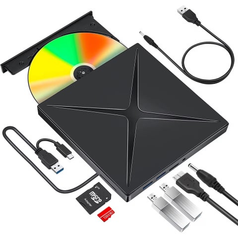 PC, Periferice & Software - Unitate DVD CD RW externa portabila NewEvo, Port Usb C, Hub USB 3.0, Cititor de carduri SD, Disk Burner, Reader DVD Player pentru Windows 10, Laptop, PC, Negru
