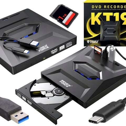 Unitate Optica Externa CD/DVD RW 5 in 1, USB 3.0, port USB-C, cititor de carduri SD si MicroSD,  Disk Burner, Reader DVD Player pentru Windows, Laptop, PC, Negru [1]