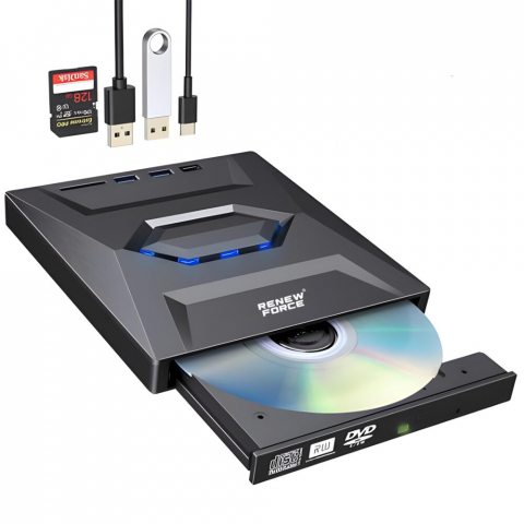 PC, Periferice & Software - Unitate Optica Externa CD/DVD RW 5 in 1, USB 3.0, port USB-C, cititor de carduri SD si MicroSD,  Disk Burner, Reader DVD Player pentru Windows, Laptop, PC, Negru