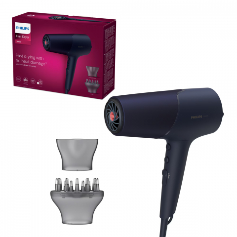 Uscatoare de par - Uscator de par Philips BHD510/00, 2300W, tehnologie ThermoShield, ingrijire cu ioni, 2 setari de viteza, 3 setari de temperatura, difuzor, cap de coafare 11 mm, Albastru inchis metalizat