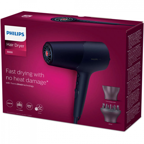 Uscator de par Philips BHD510/00, 2300W, tehnologie ThermoShield, ingrijire cu ioni, 2 setari de viteza, 3 setari de temperatura, difuzor, cap de coafare 11 mm, Albastru inchis metalizat [7]