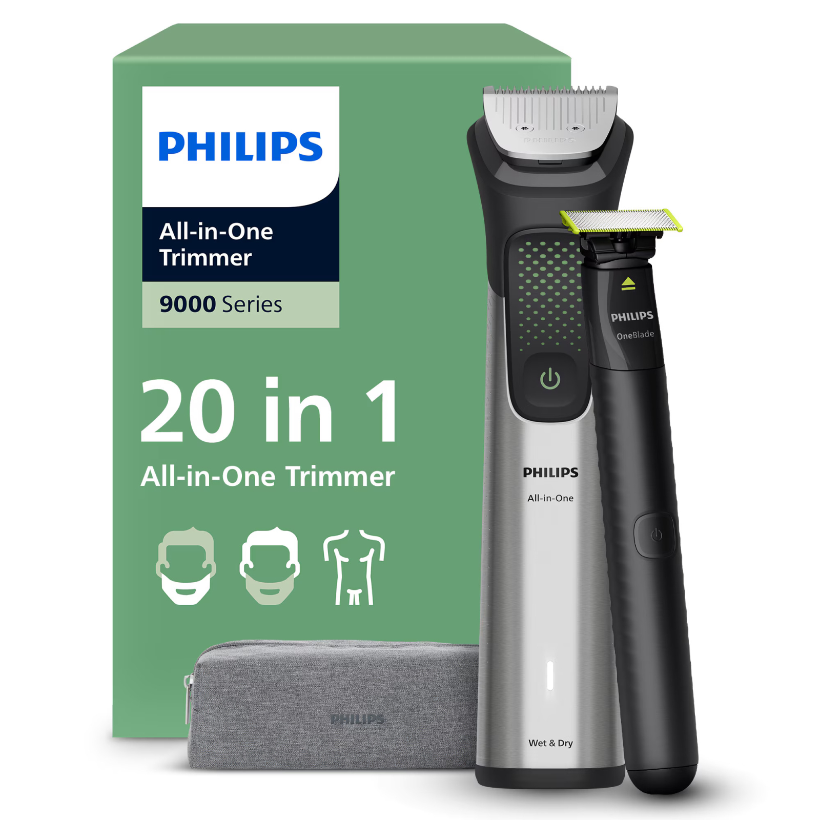 Aparat de tuns barba  parul de pe cap si corp 20in1 PHILIPS All-in-One MG9557 15 +OneBlade, autonomie 120 min, 27 setari lungime: 0,2 mm OneBlade