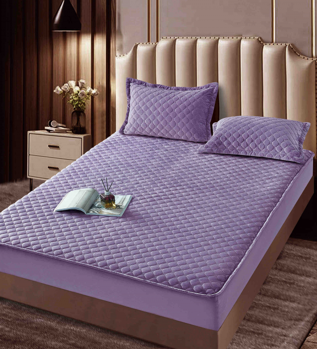 Husa Matlasata Tip Topper Catifea Mov pentru Pat 160x200cm + 2 Fete de Perna 50x70cm - Huse de Pat Confortabile si Elegante [2]