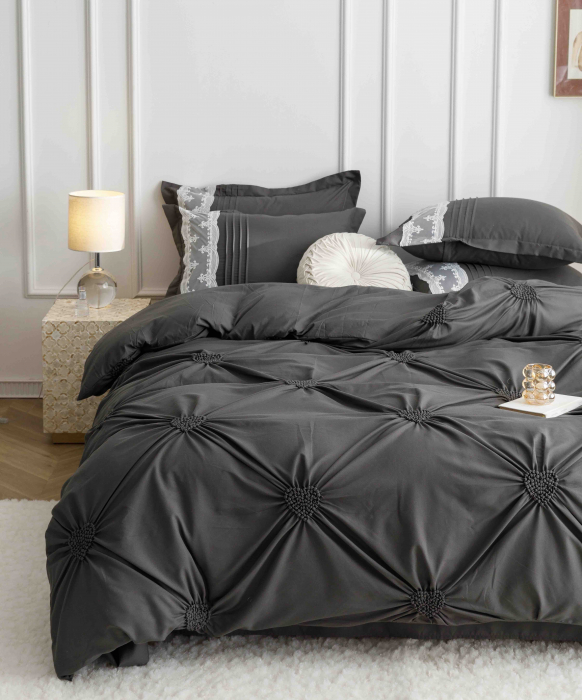 Lenjerie Bumbac Premium 6 Piese, cu Inimi Brodate, Gri-Inchis [4]