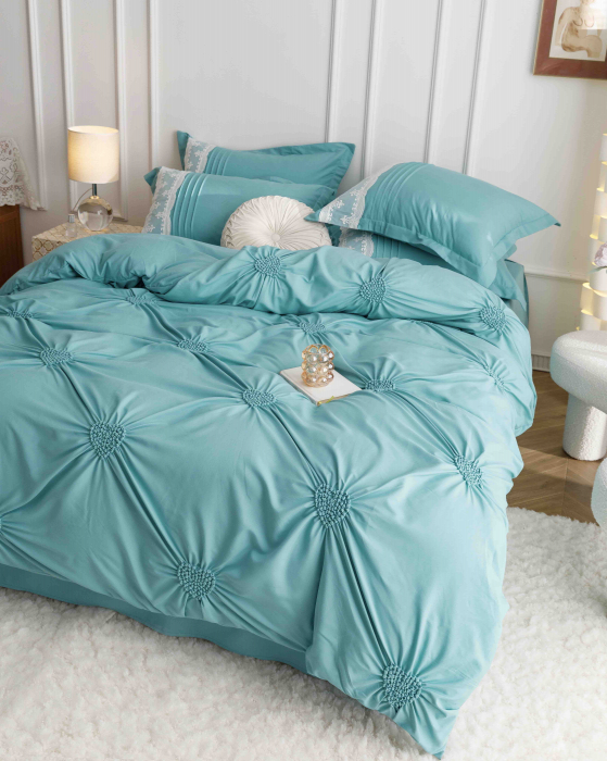 Lenjerie Bumbac Premium 6 Piese, cu Inimi Brodate, Turcoaz [2]