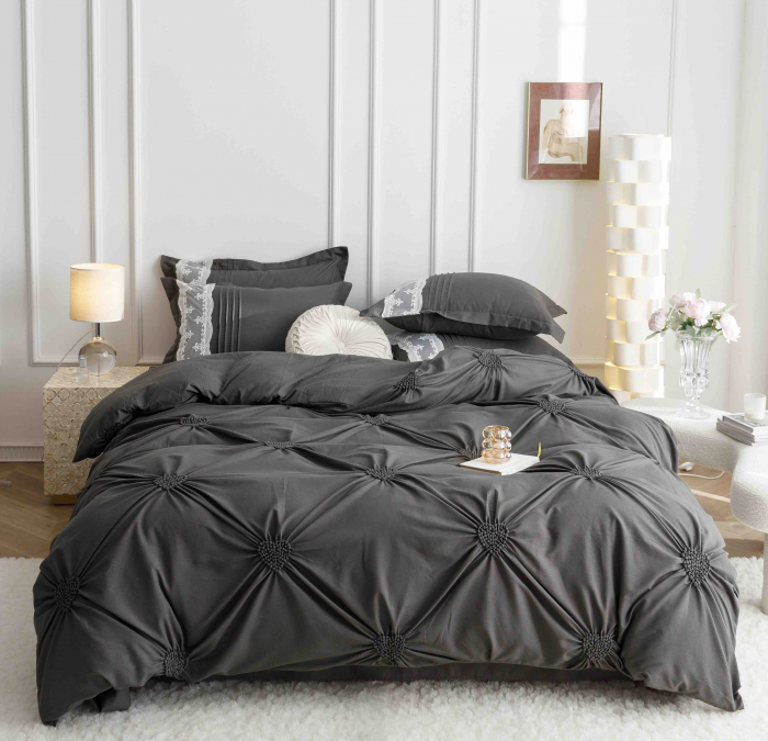 Lenjerie Bumbac Premium 6 Piese, cu Inimi Brodate, Gri-Inchis [3]