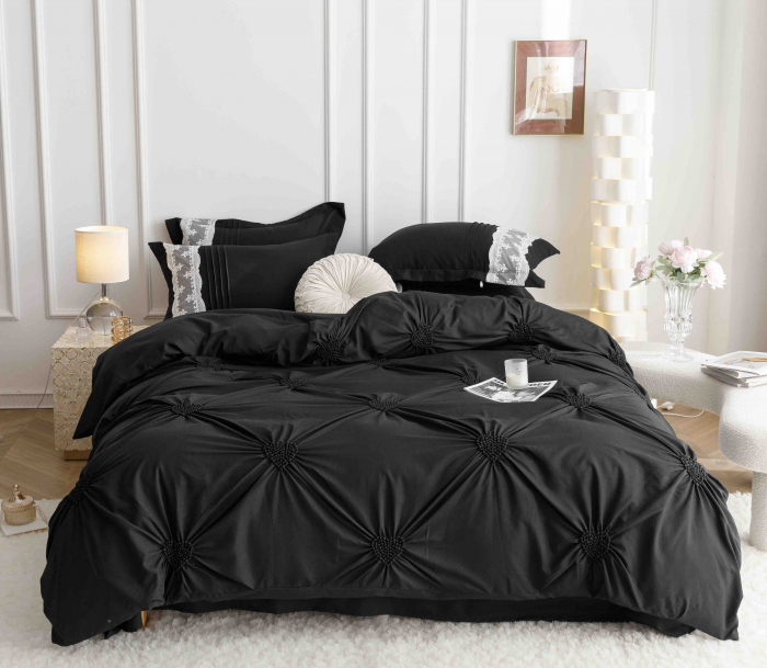 Lenjerie Bumbac Premium 6 Piese, cu Inimi Brodate, Negru [4]