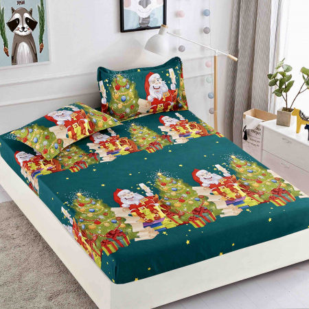 Huse Pat  Craciun - Husă de Pat cu Elastic, pentru Pat Dublu, Finet Premium, Imprimeu de Crăciun, 3 Piese
