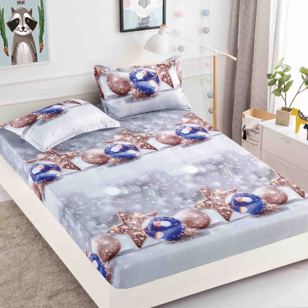 Huse Pat  Craciun - Husă de Pat cu Elastic, pentru Pat Dublu, Finet Premium, Imprimeu de Crăciun, 3 Piese