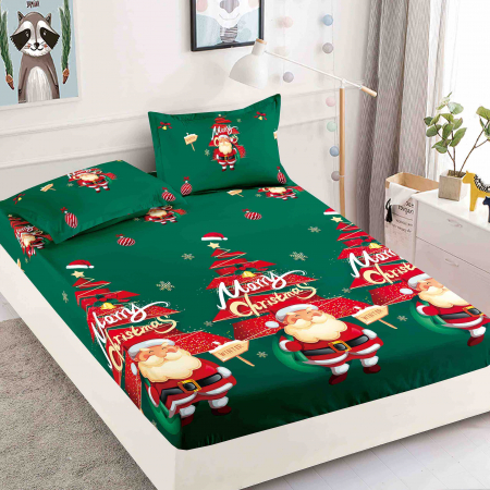 Huse Pat  Craciun - Husă de Pat cu Elastic, pentru Pat Dublu, Finet Premium, Imprimeu de Crăciun, 3 Piese