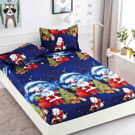 Huse Pat  Craciun - Husă de Pat cu Elastic, pentru Pat Dublu, Finet Premium, Imprimeu de Crăciun, 3 Piese