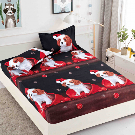 Huse Pat  Craciun - Husă de Pat cu Elastic, pentru Pat Dublu, Finet Premium, Imprimeu de Crăciun, 3 Piese