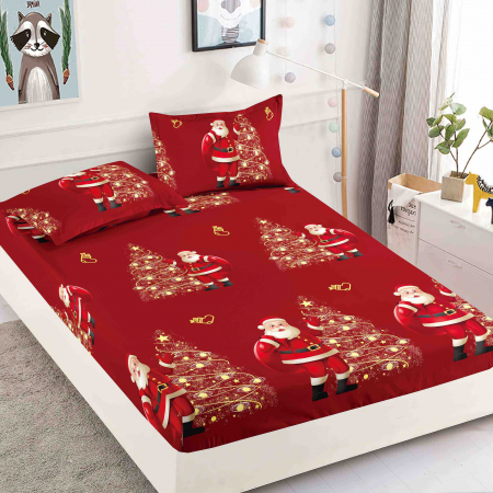 Huse Pat  Craciun - Husă de Pat cu Elastic, pentru Pat Dublu, Finet Premium, Imprimeu de Crăciun, 3 Piese