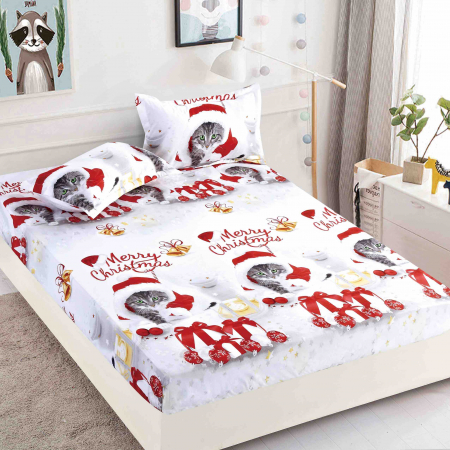 Huse Pat  Craciun - Husă de Pat cu Elastic, pentru Pat Dublu, Finet Premium, Imprimeu de Crăciun, 3 Piese