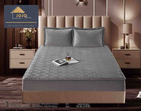 Huse Pat 160X200 cm - Husa Matlasata Tip Topper Catifea Gri pentru Pat 160x200cm + 2 Fete de Perna 50x70cm - Huse de Pat Confortabile si Elegante