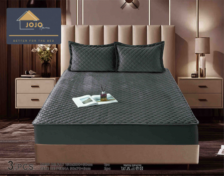 Huse Pat 160X200 cm - Husa Matlasata Tip Topper Catifea Gri Inchis pentru Pat 160x200cm + 2 Fete de Perna 50x70cm - Huse de Pat Confortabile si Elegante
