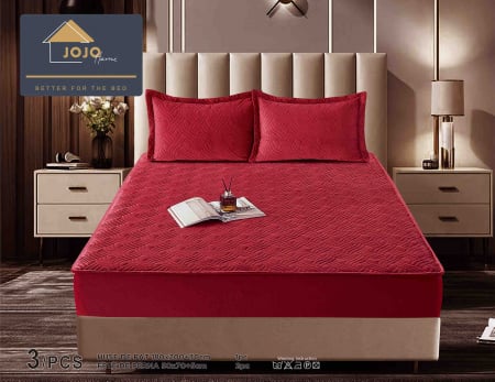 Huse Pat 140X200 cm - Husa Matlasata Tip Topper Rosu Pat 140x200cm + 2 Fete de Perna 50x70cm - Huse de Pat Confortabile si Elegante