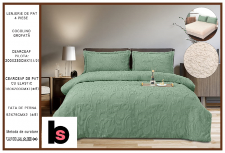 NOU>>Produse Anotimp Rece - Lenjerie de pat Cocolino 4 piese groasă, grofată și cu blăniță – Cearșaf elastic și pilotă 200x230 cm  Verde