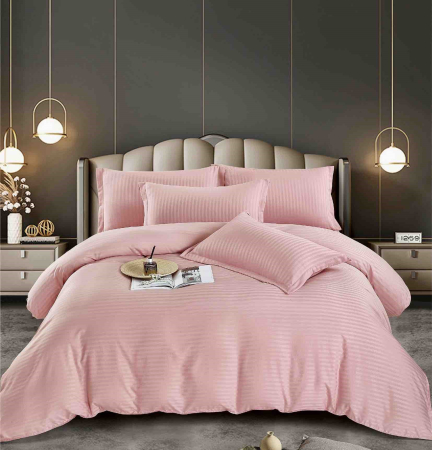 Lenjerii Pat Damasc 2 Persoane - lenjerie pat dublu damasc finetat cu elastic 6 piese roz deschis biancoshop