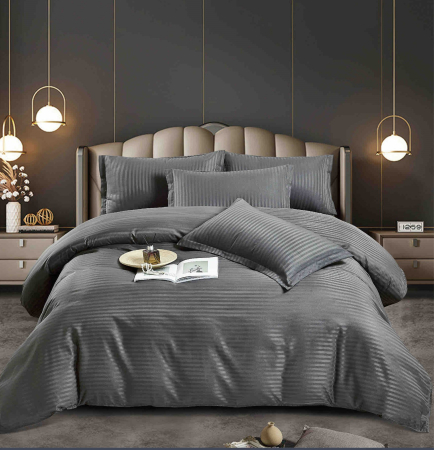 Lenjerii Pat Damasc 2 Persoane - lenjerie pat dublu damasc finetat cu elastic 6 piese gri inchis biancoshop