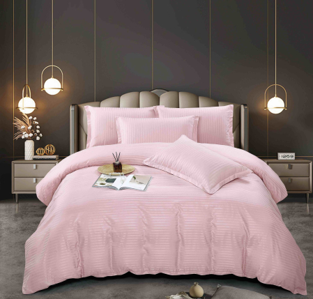 Lenjerii Pat Damasc 2 Persoane - lenjerie pat dublu damasc finetat cu elastic 6 piese roz biancoshop