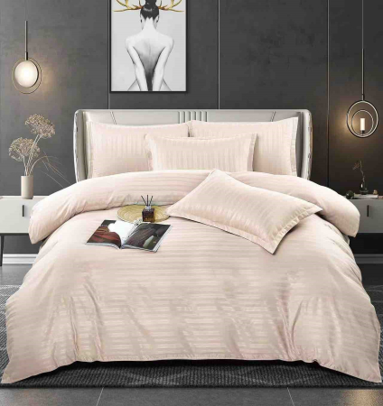 Lenjerii Pat Damasc 2 Persoane - lenjerie pat dublu damasc finetat cu elastic 6 piese crem biancoshop