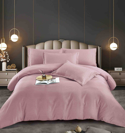 Lenjerii Pat Damasc 2 Persoane - lenjerie pat dublu damasc finetat cu elastic 6 piese roz deschis biancoshop