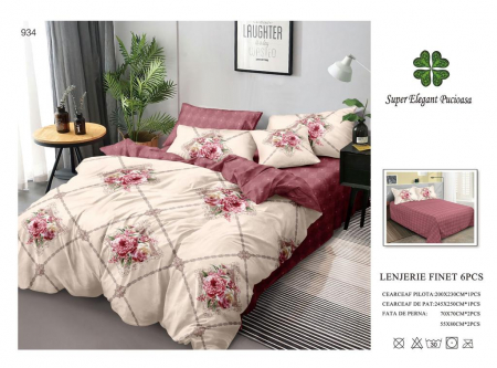 Lenjerii Pat 2 Persoane - Lenjerie Pat Dublu, Pucioasa, Bumbac, Finet, 6 Piese