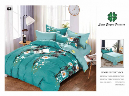 Lenjerii Pat 2 Persoane - Lenjerie Pat Dublu, Pucioasa, Bumbac, Finet, 6 Piese