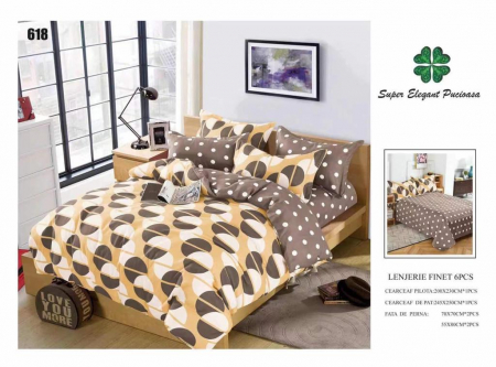 Lenjerii Pat 2 Persoane - Lenjerie Pat Dublu, Pucioasa, Bumbac, Finet, 6 Piese