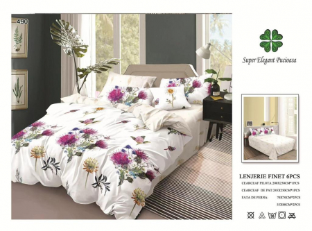 Lenjerii Pat 2 Persoane - Lenjerie Pat Dublu, Pucioasa, Bumbac, Finet, 6 Piese