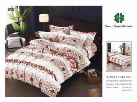 Lenjerii Pat 2 Persoane - Lenjerie Pat Dublu, Pucioasa, Bumbac, Finet, 6 Piese