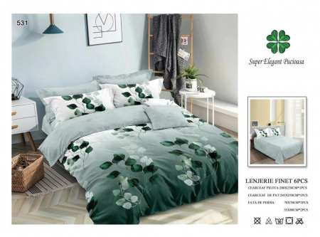 Lenjerii Pat 2 Persoane - Lenjerie Pat Dublu, Pucioasa, Bumbac, Finet, 6 Piese