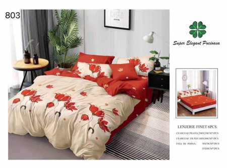 Lenjerii Pat 2 Persoane - Lenjerie Pat Dublu, Pucioasa, Bumbac, Finet, 6 Piese