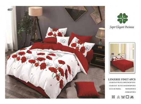 Lenjerii Pat 2 Persoane - Lenjerie Pat Dublu, Pucioasa, Bumbac, Finet, 6 Piese