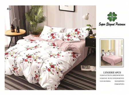 Lenjerii Pat 2 Persoane - Lenjerie Pat Dublu, Pucioasa, Bumbac, Finet, 6 Piese
