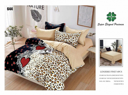 Lenjerii Pat 2 Persoane - Lenjerie Pat Dublu, Pucioasa, Bumbac, Finet, 6 Piese