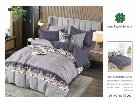 Lenjerii Pat 2 Persoane - Lenjerie Pat Dublu, Pucioasa, Bumbac, Finet, 6 Piese