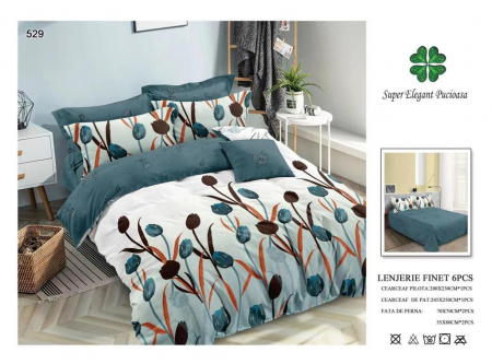 Lenjerii Pat 2 Persoane - Lenjerie Pat Dublu, Pucioasa, Bumbac, Finet, 6 Piese